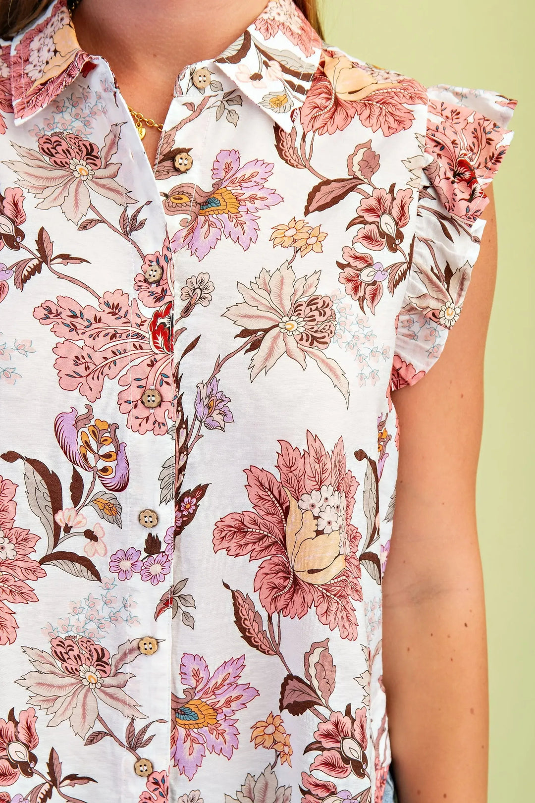 GIGIO Vintage Floral Ruffle Cap Sleeve Button-Down Blouse Mauve
