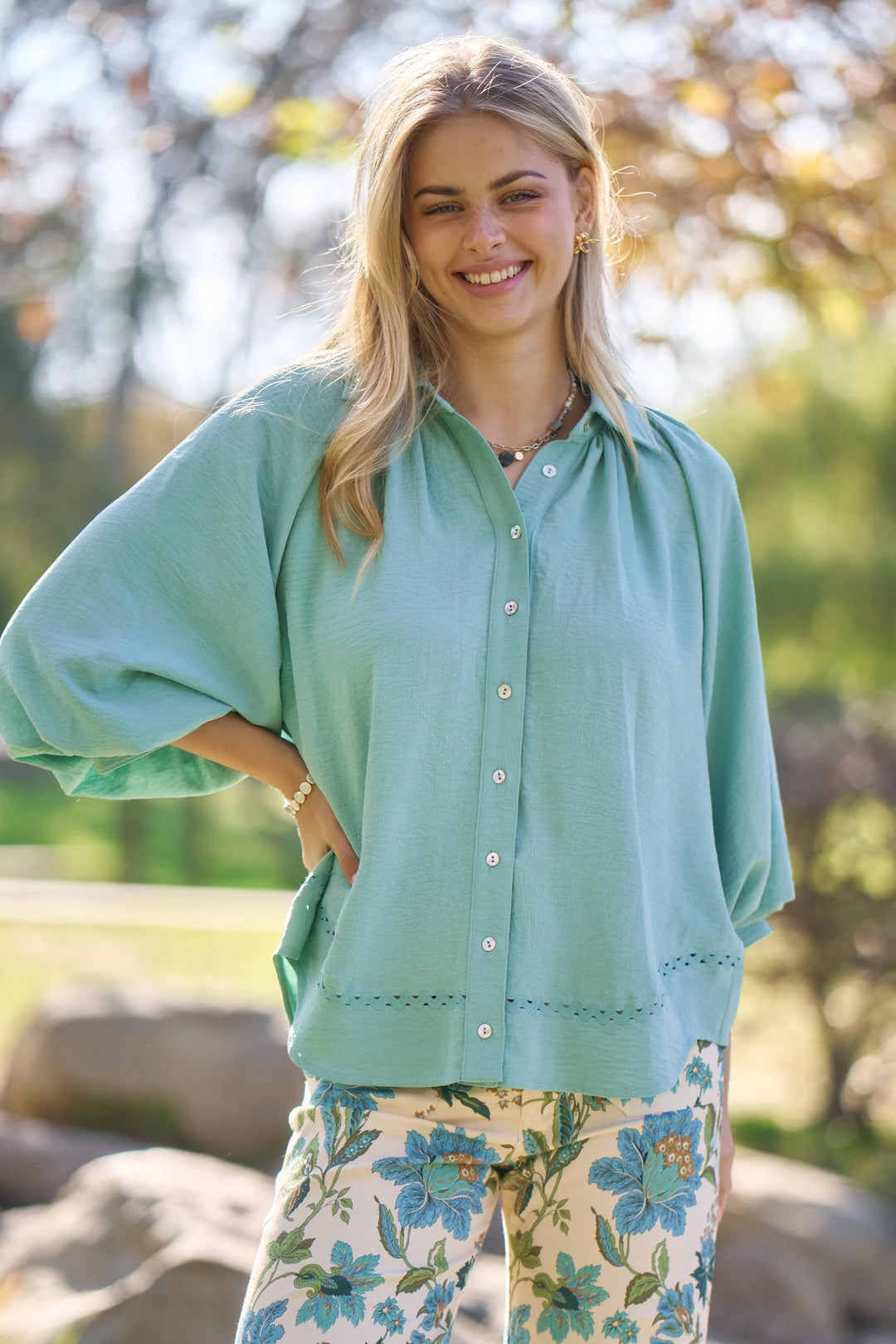 Balloon Sleeve Button Down Blouse with a Wavy Hem and Ric-Rac Details