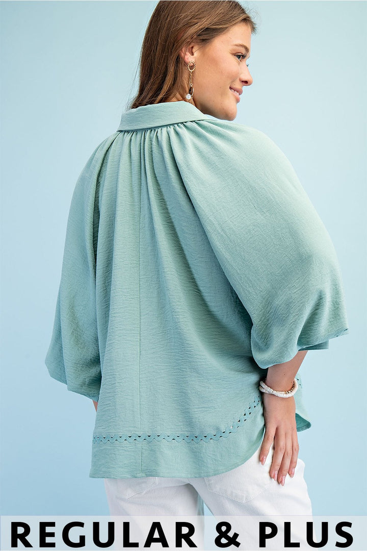 Balloon Sleeve Button Down Blouse with a Wavy Hem and Ric-Rac Details