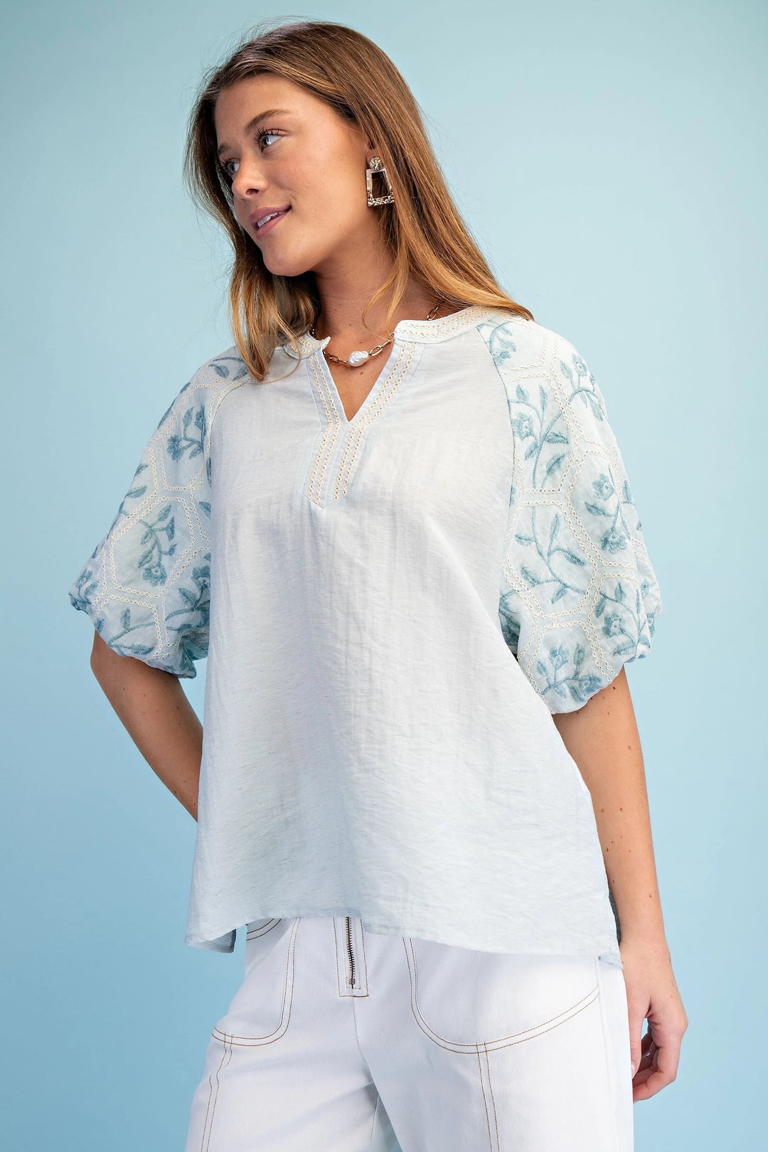 Lightweight Blouse with Embroidered Short Puff Sleeves