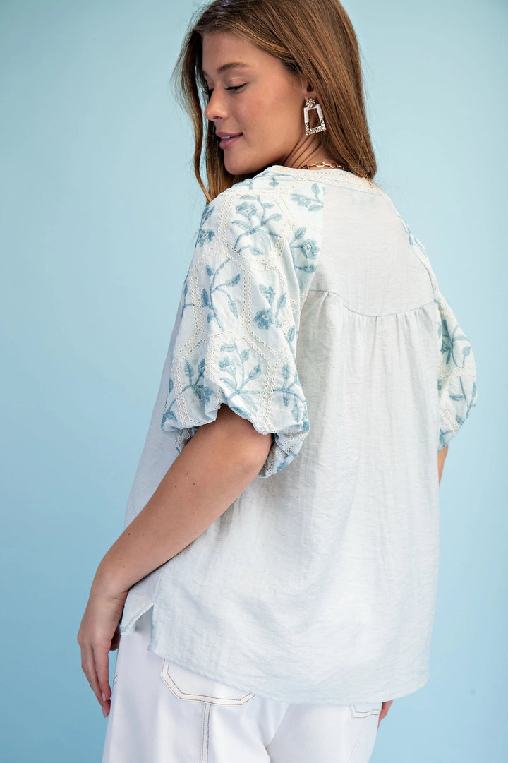 Lightweight Blouse with Embroidered Short Puff Sleeves