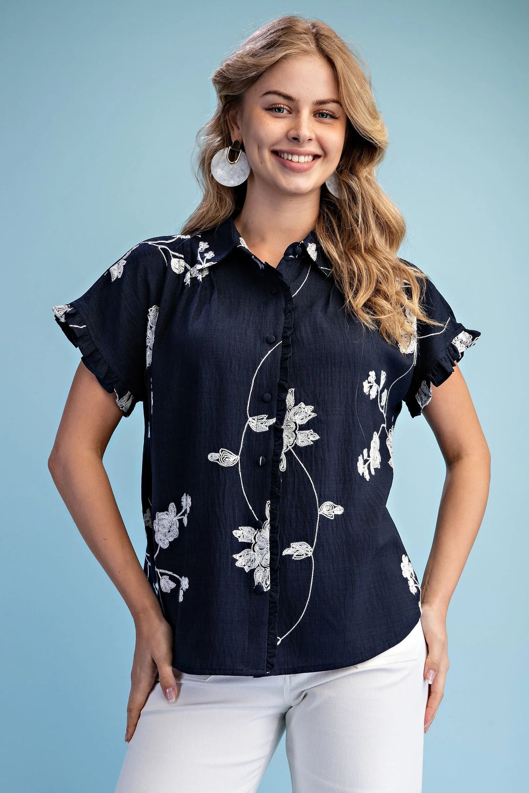 Floral Embroidered Button Down Blouse