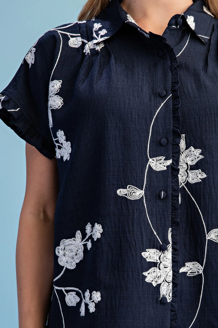 Floral Embroidered Button Down Blouse