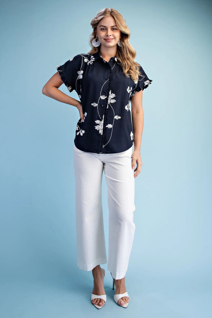 Floral Embroidered Button Down Blouse