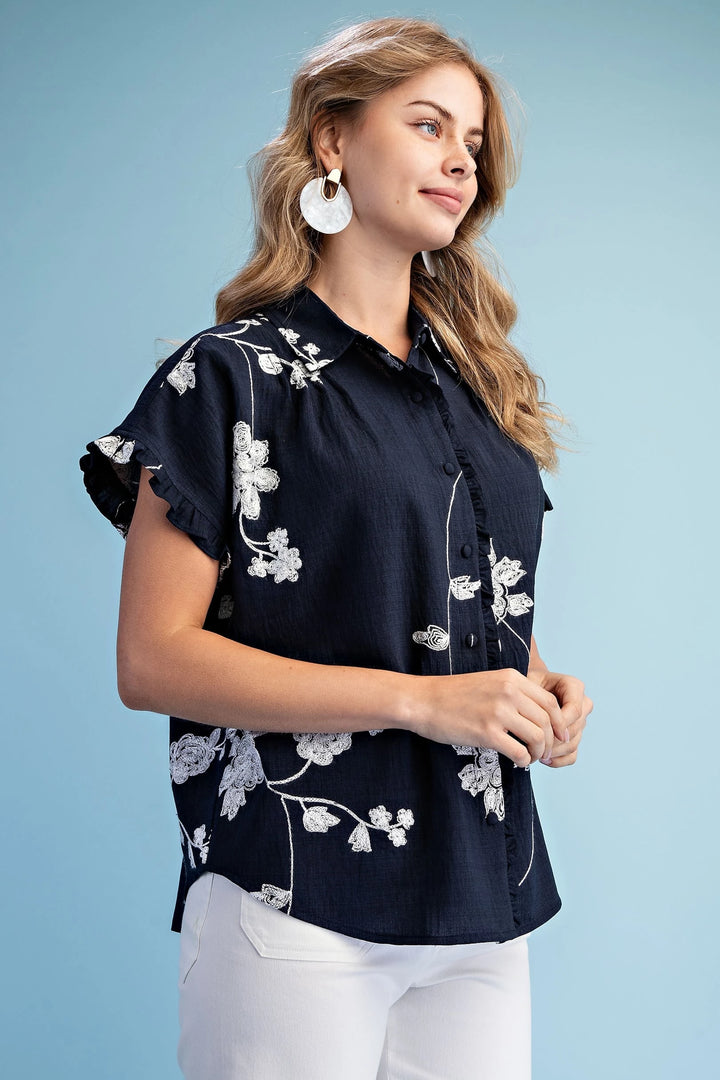 Floral Embroidered Button Down Blouse