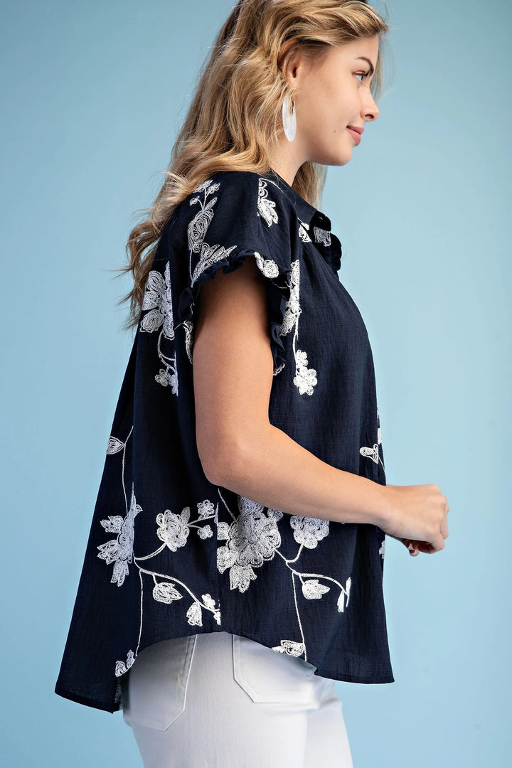 Floral Embroidered Button Down Blouse