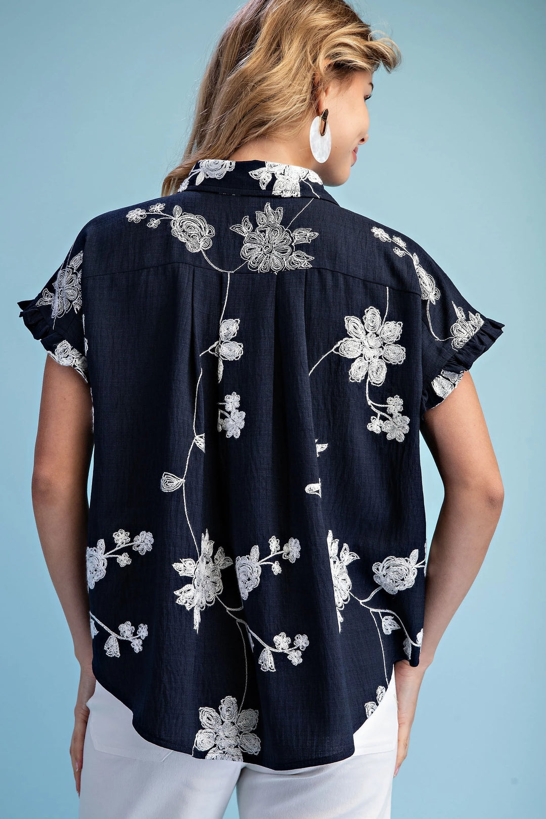 Floral Embroidered Button Down Blouse