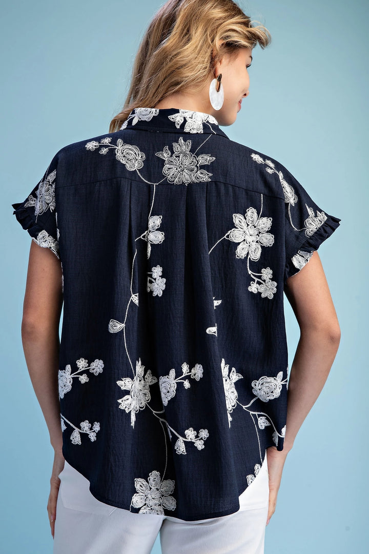 Floral Embroidered Button Down Blouse