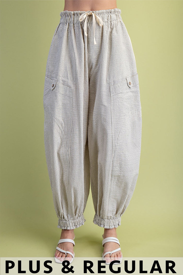 Striped  Pants with a Drawstring and Pockets-Cream