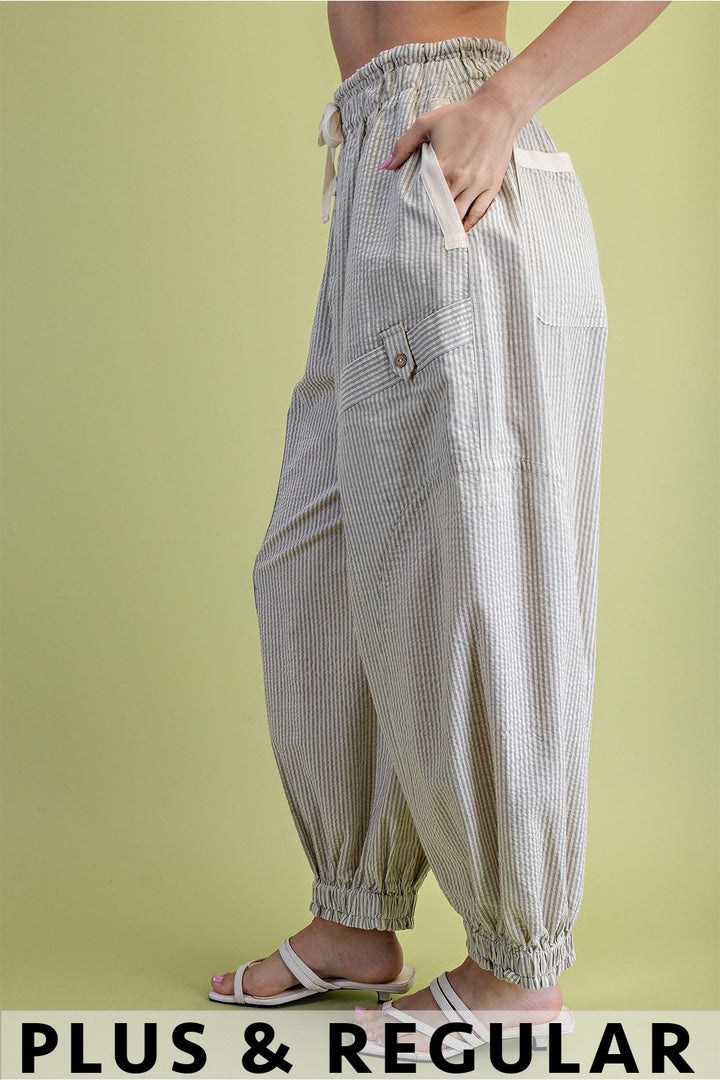 Striped  Pants with a Drawstring and Pockets-Cream
