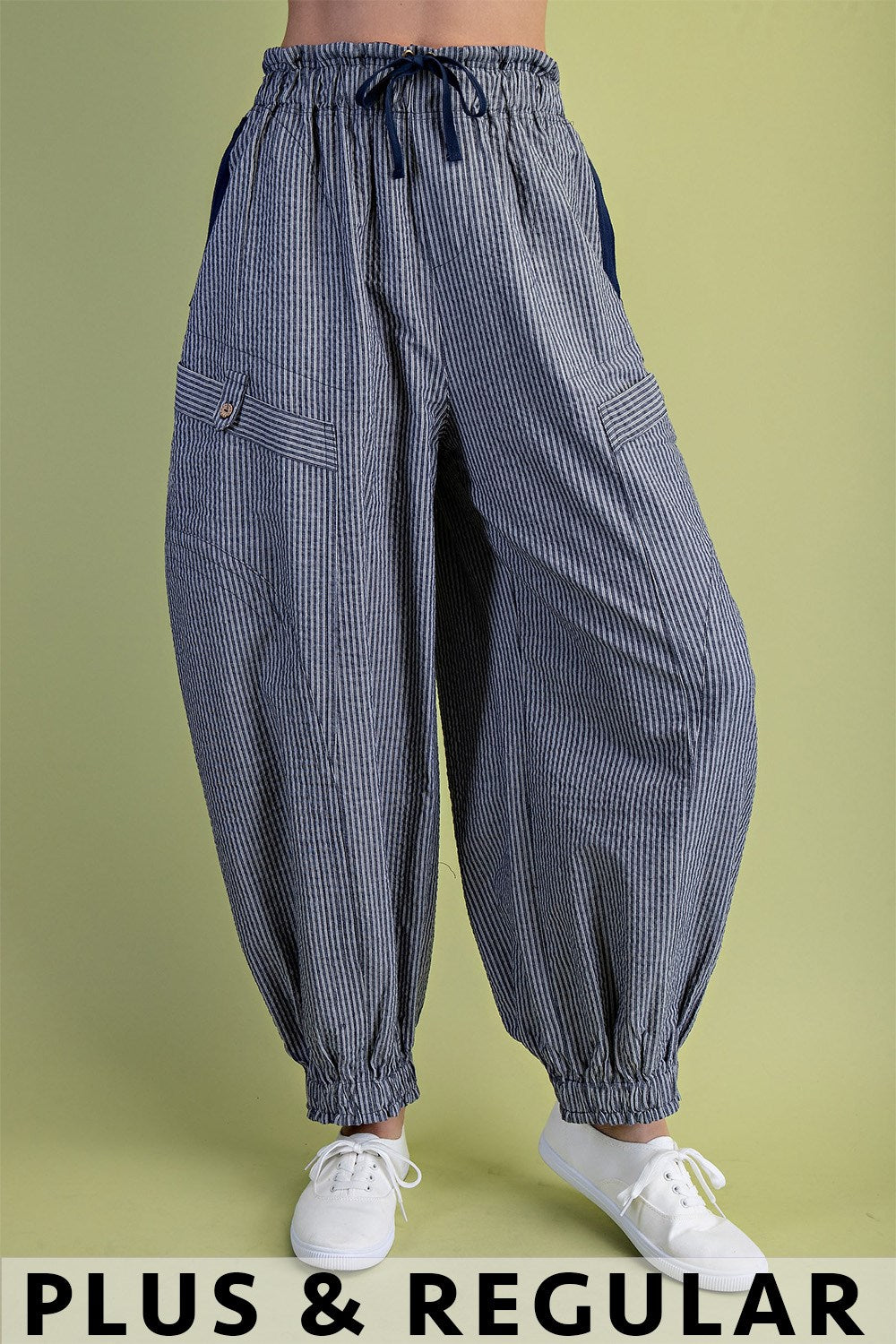 Striped  Pants with a Drawstring and Pockets-Navy