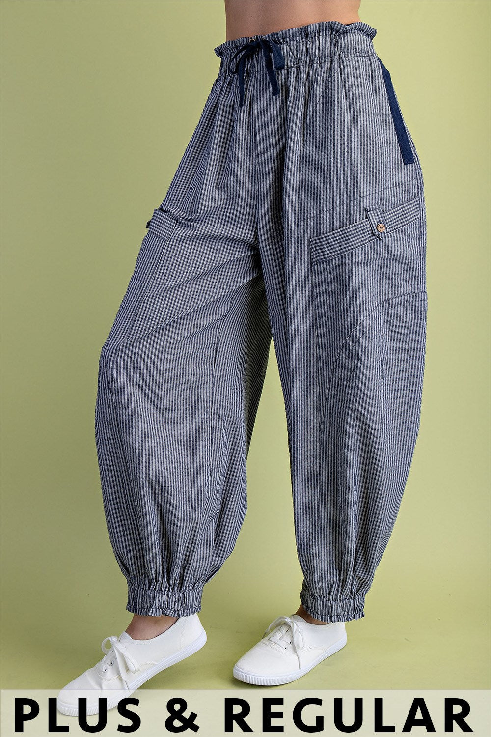 Striped  Pants with a Drawstring and Pockets-Navy