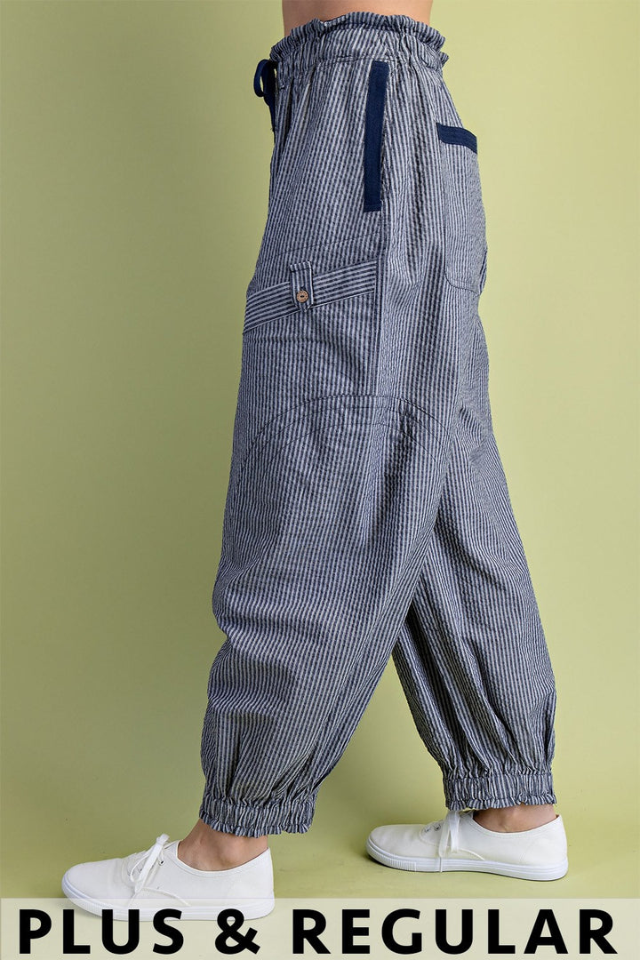 Striped  Pants with a Drawstring and Pockets-Navy