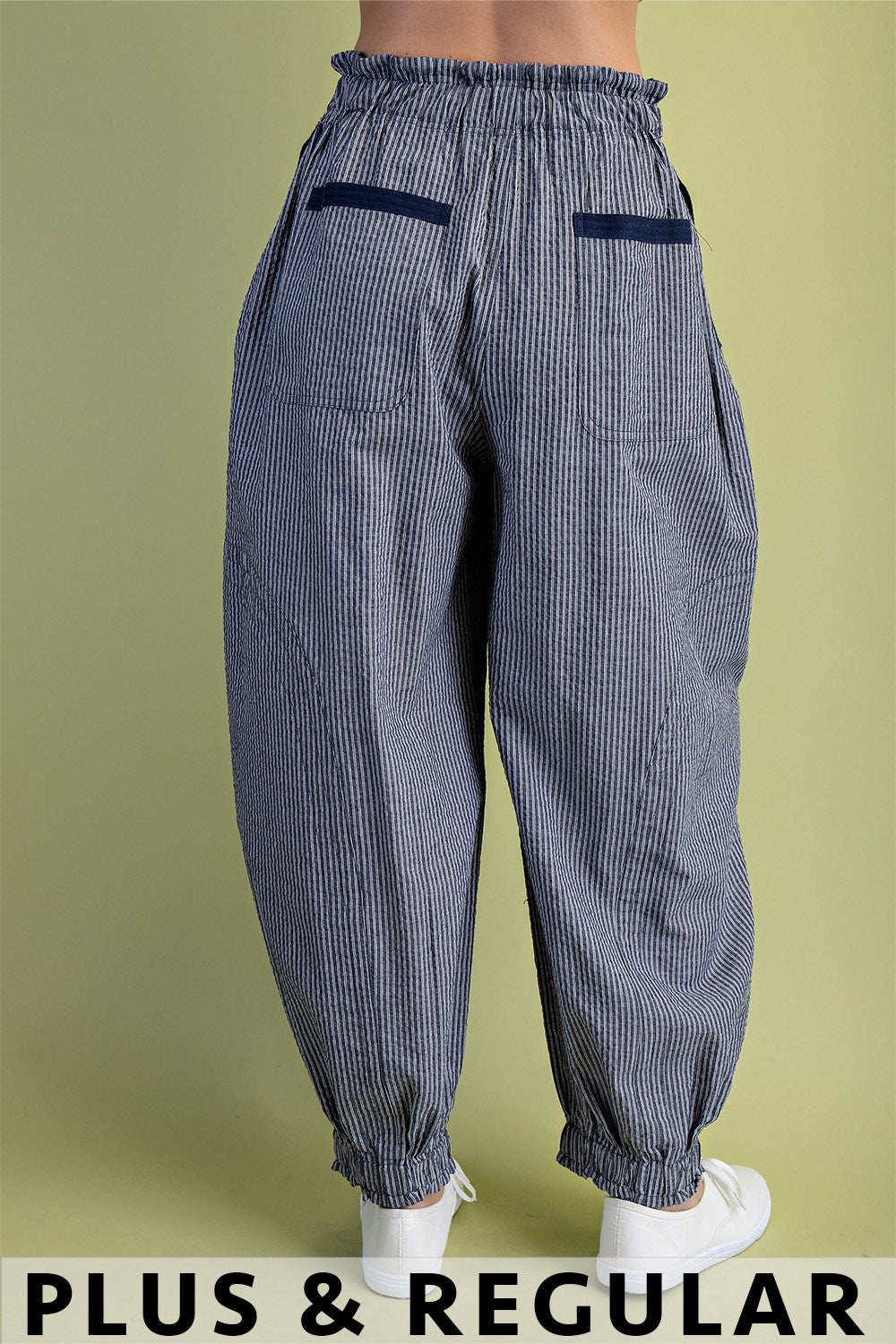 Striped  Pants with a Drawstring and Pockets-Navy