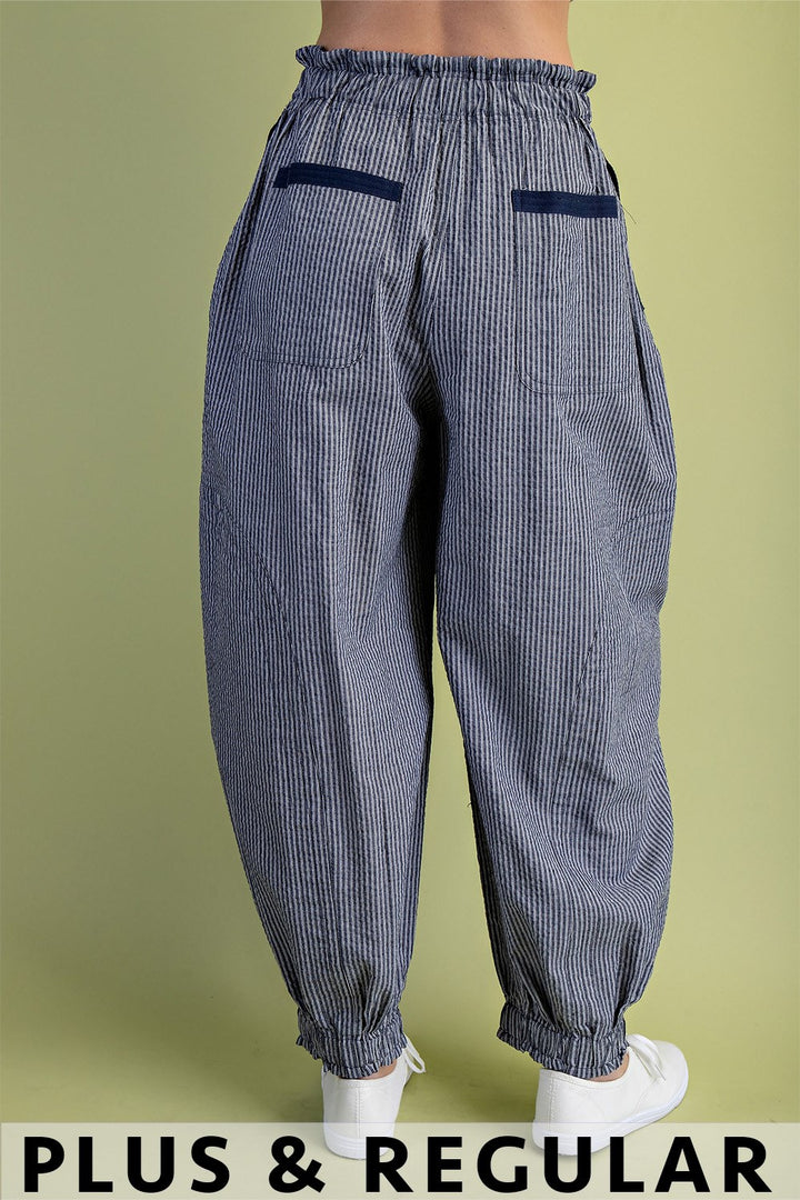 Striped  Pants with a Drawstring and Pockets-Navy