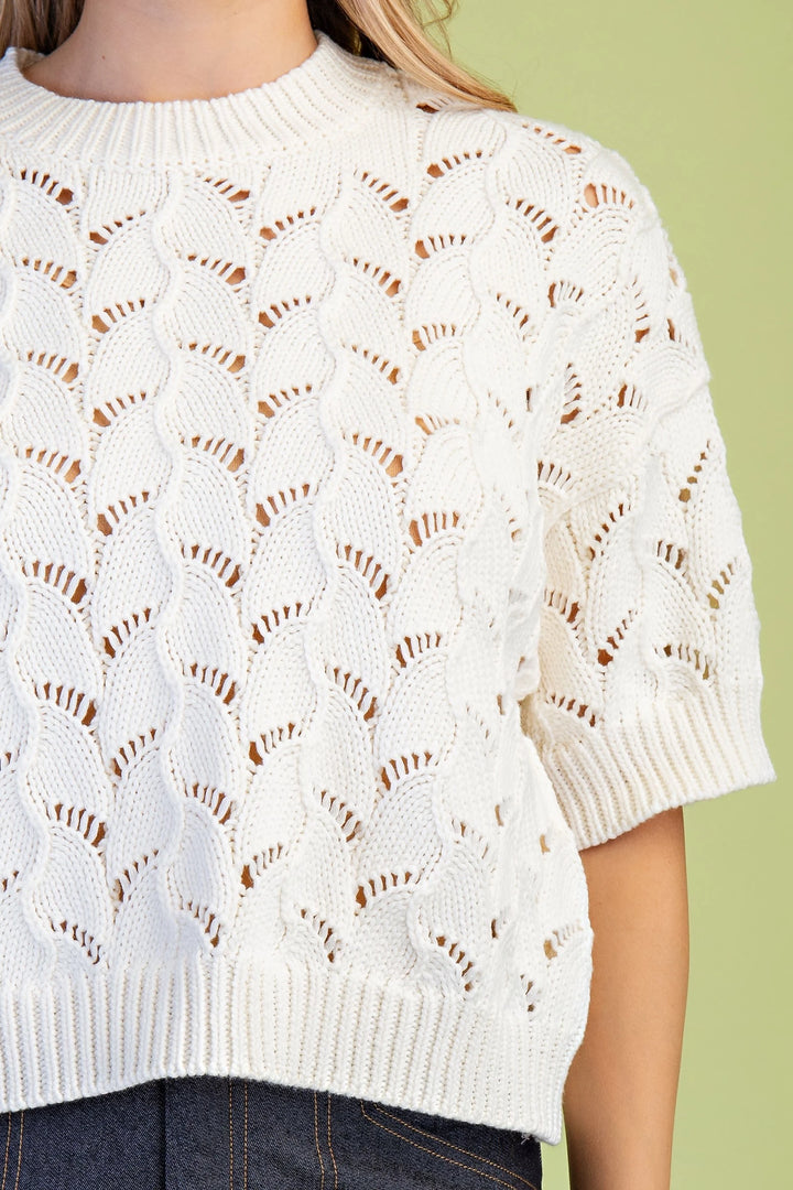 Open-Knit Round Neck Sweater with Short Sleeves