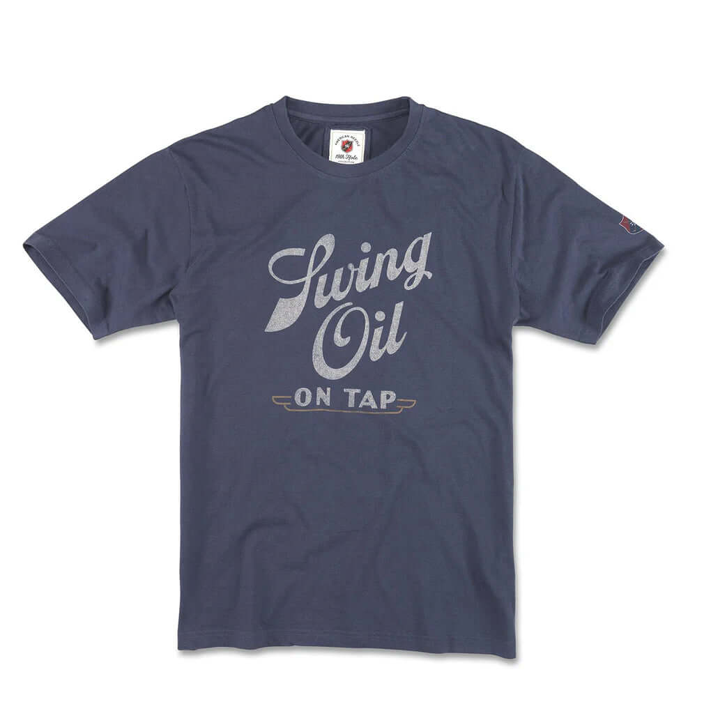 Navy Blue T-shirts with words Swing Oil on Tap on the front