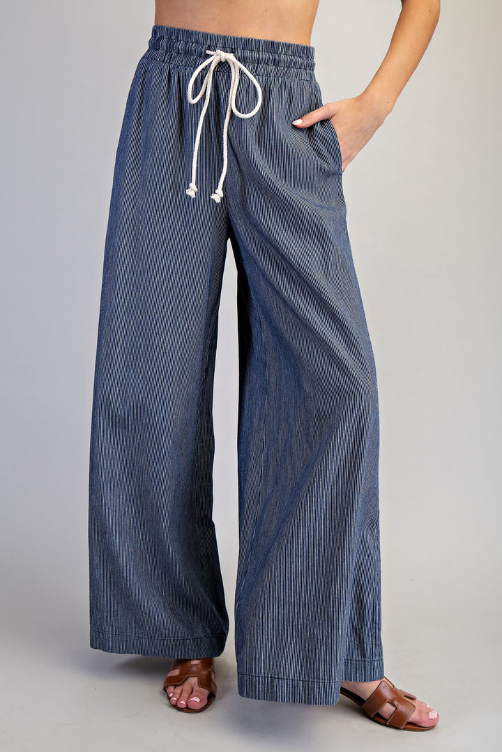 Washed Pinstriped Tie Waist Wide Leg Pants
