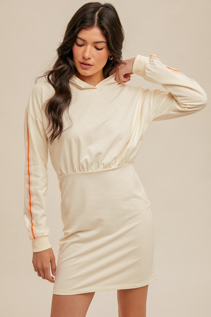 Hooded Color Sporty Band Sleeve Mini Dress