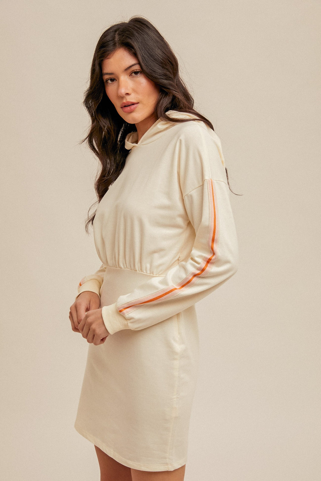 Hooded Color Sporty Band Sleeve Mini Dress