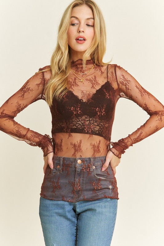 sheer lace floral top brown 