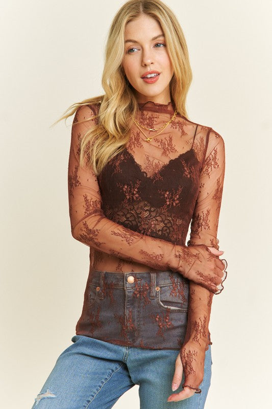 sheer lace floral top brown