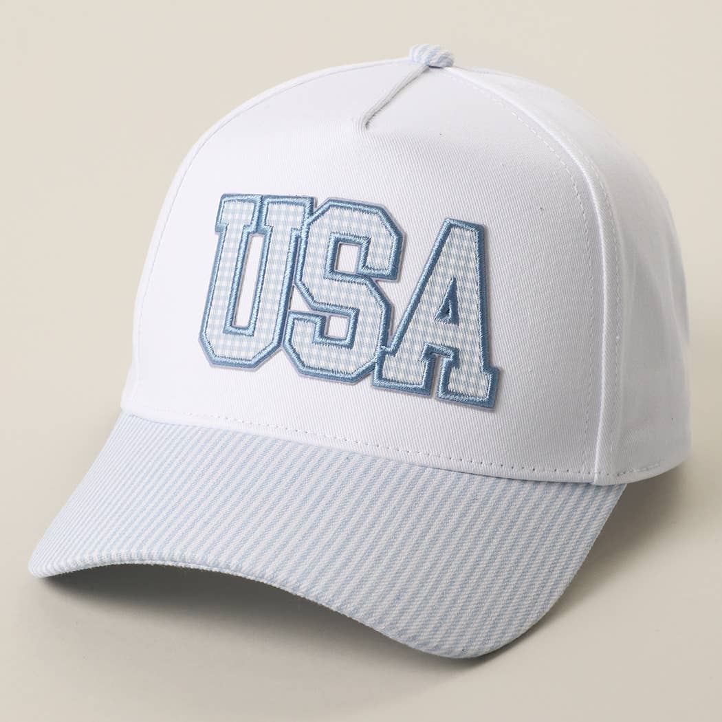 USA Gingham Embroidered Patch Stripe Brim Trucker Hat