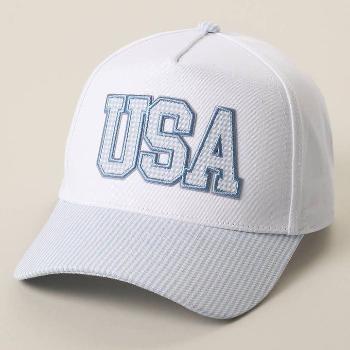 USA Gingham Embroidered Patch Stripe Brim Trucker Hat