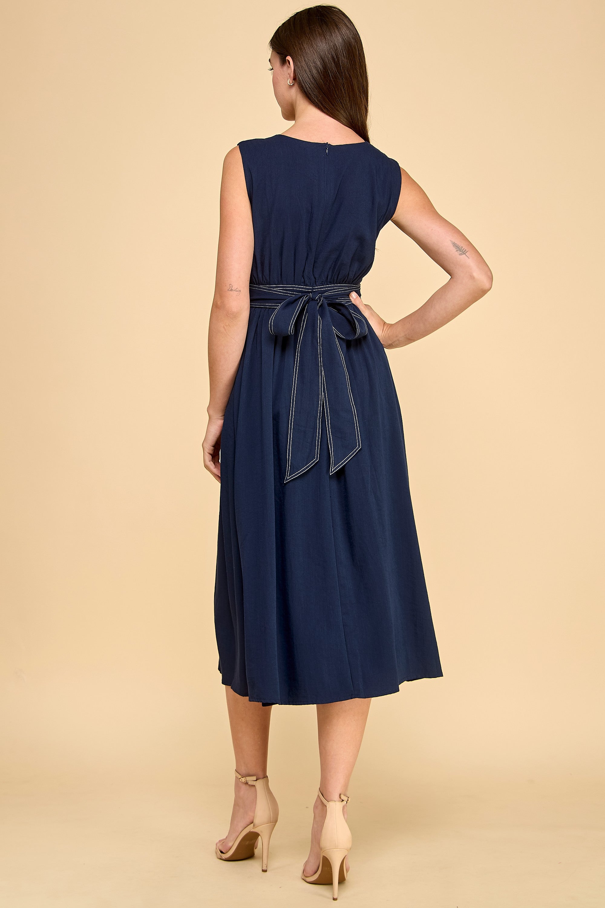 navy blue dress with tie in back 