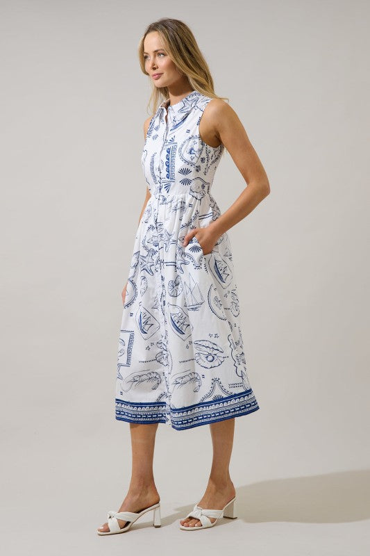 Catie Button Down Midi Dress Seaside