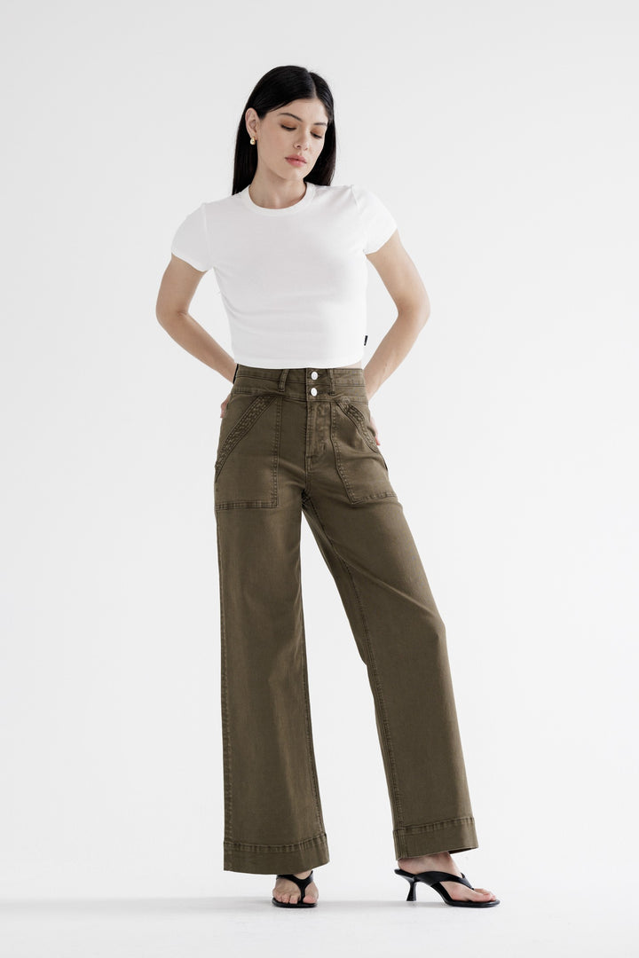 Super High Double Waistband Wide Leg Fern Green