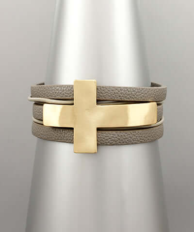 Sideway Cross Leather Bracelet Grey