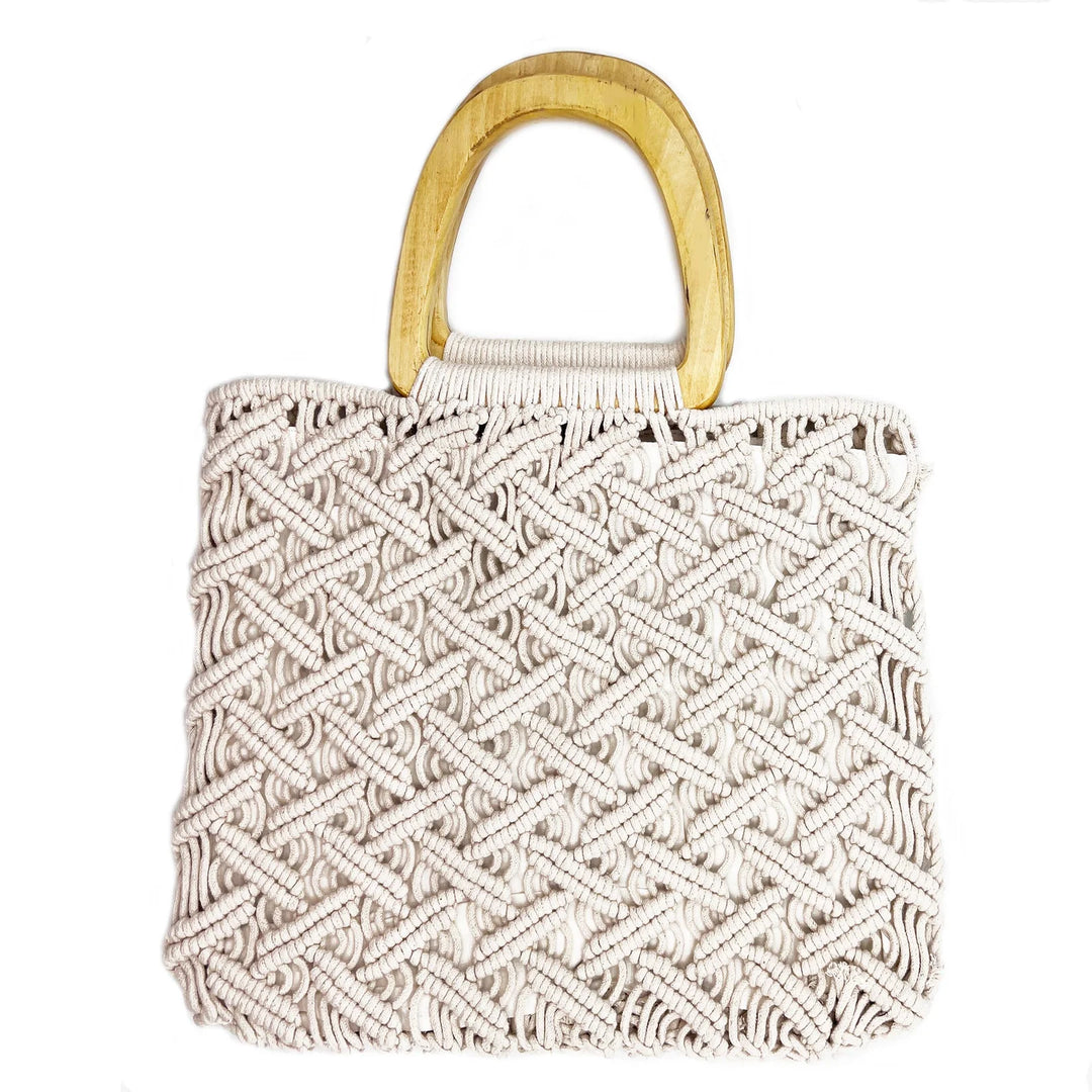 The Terra Bag-Cotton macrame bag with wood handles - Off White