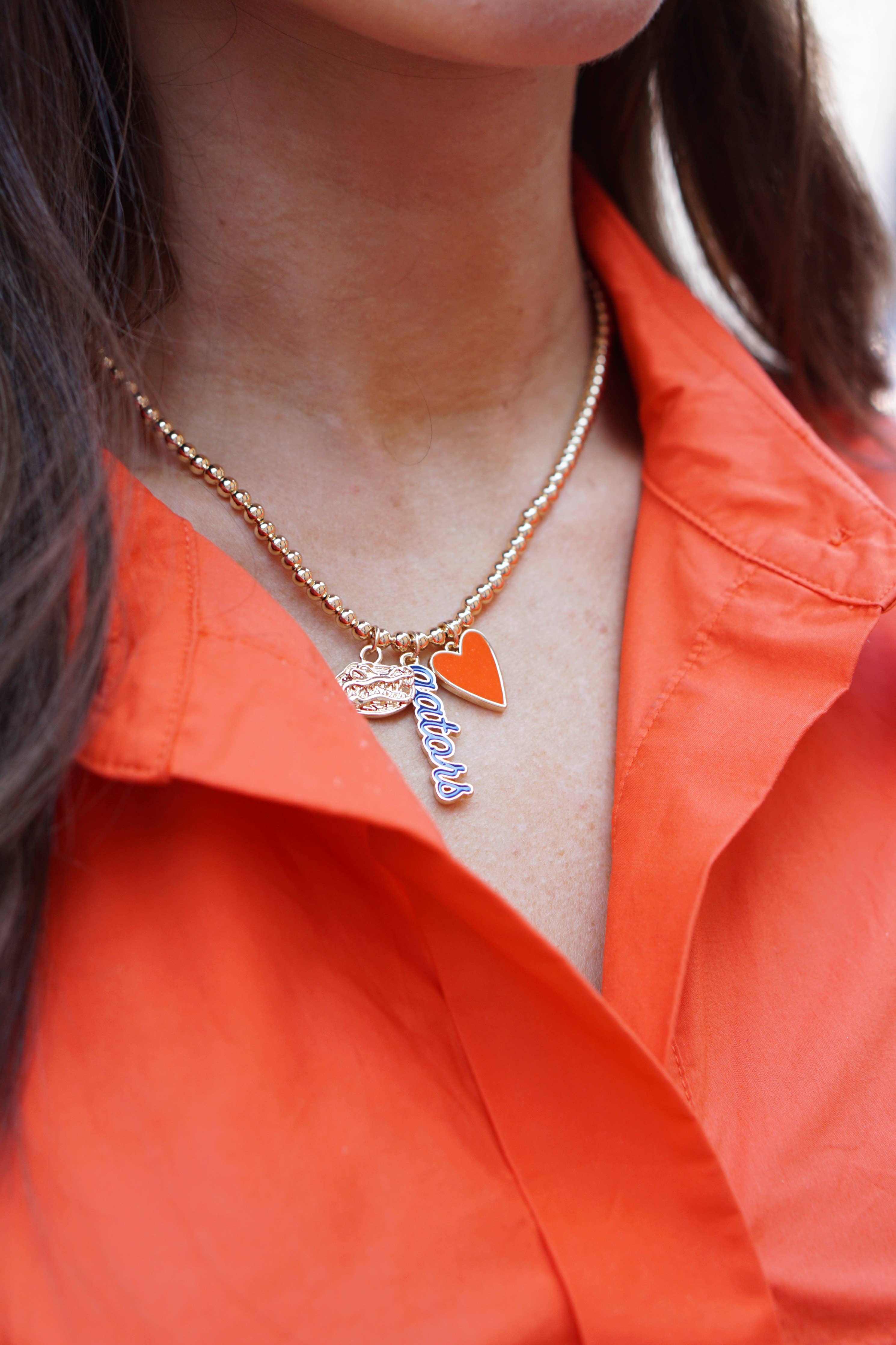 Florida Gators Ball Bead Charm Necklace in Shiny Gold