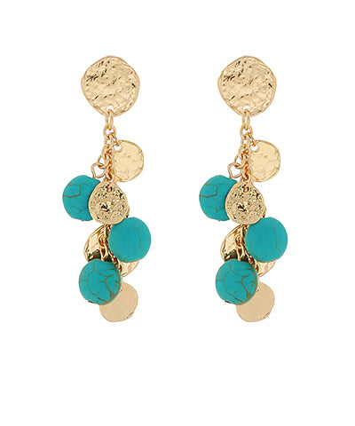 Hammered Disk &amp; Pearl Earrings turqouise and gold