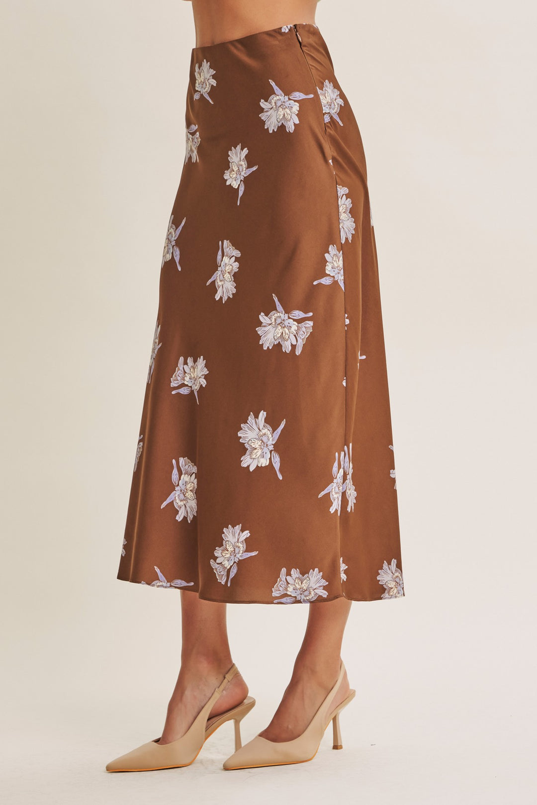 Fall Satin Floral Midi Skirt