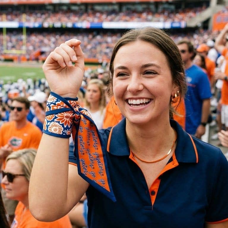 Woman in sports team colors holding a scarf in a stadium crowd