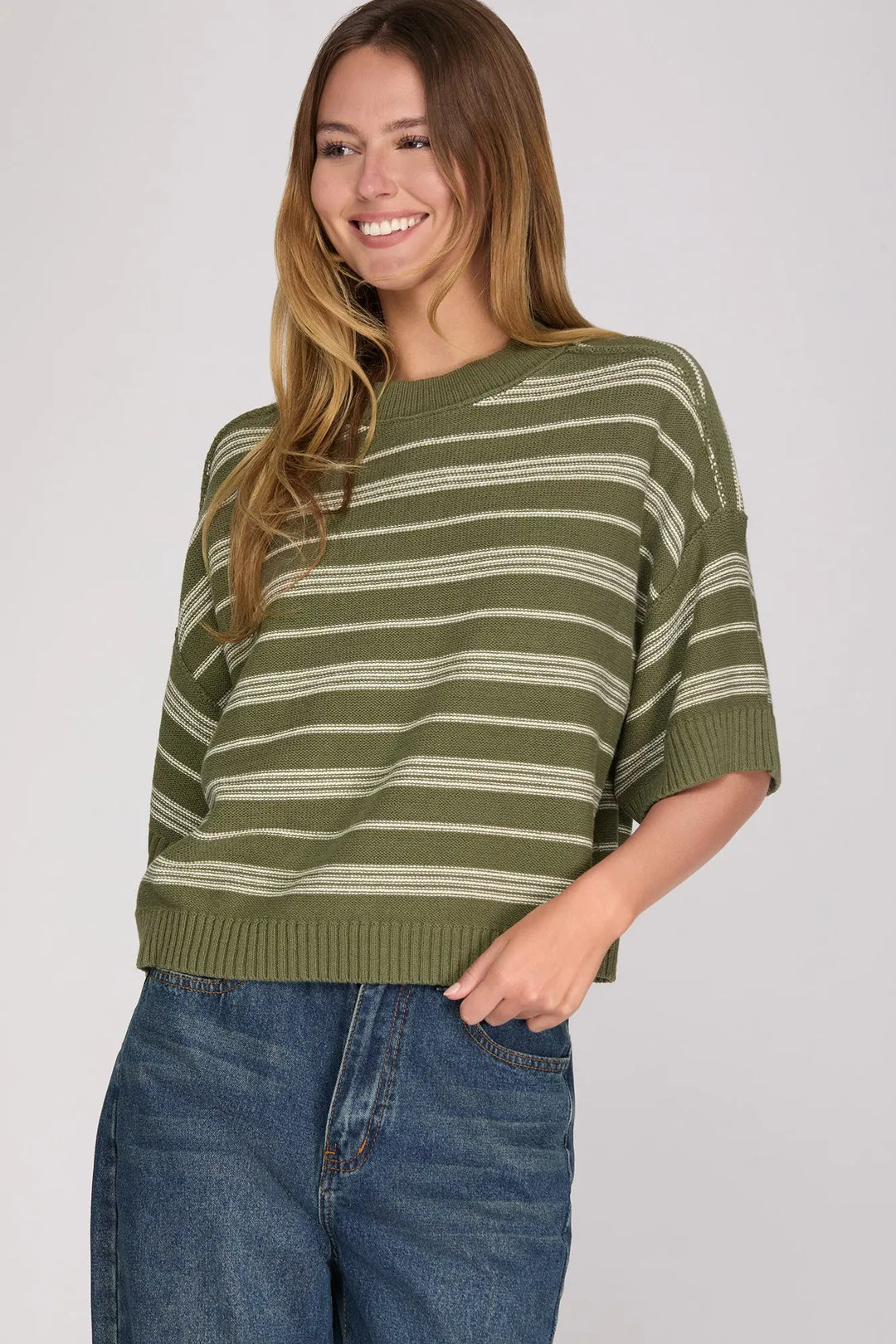 Olive Knit Striped Drop Sleeve Top