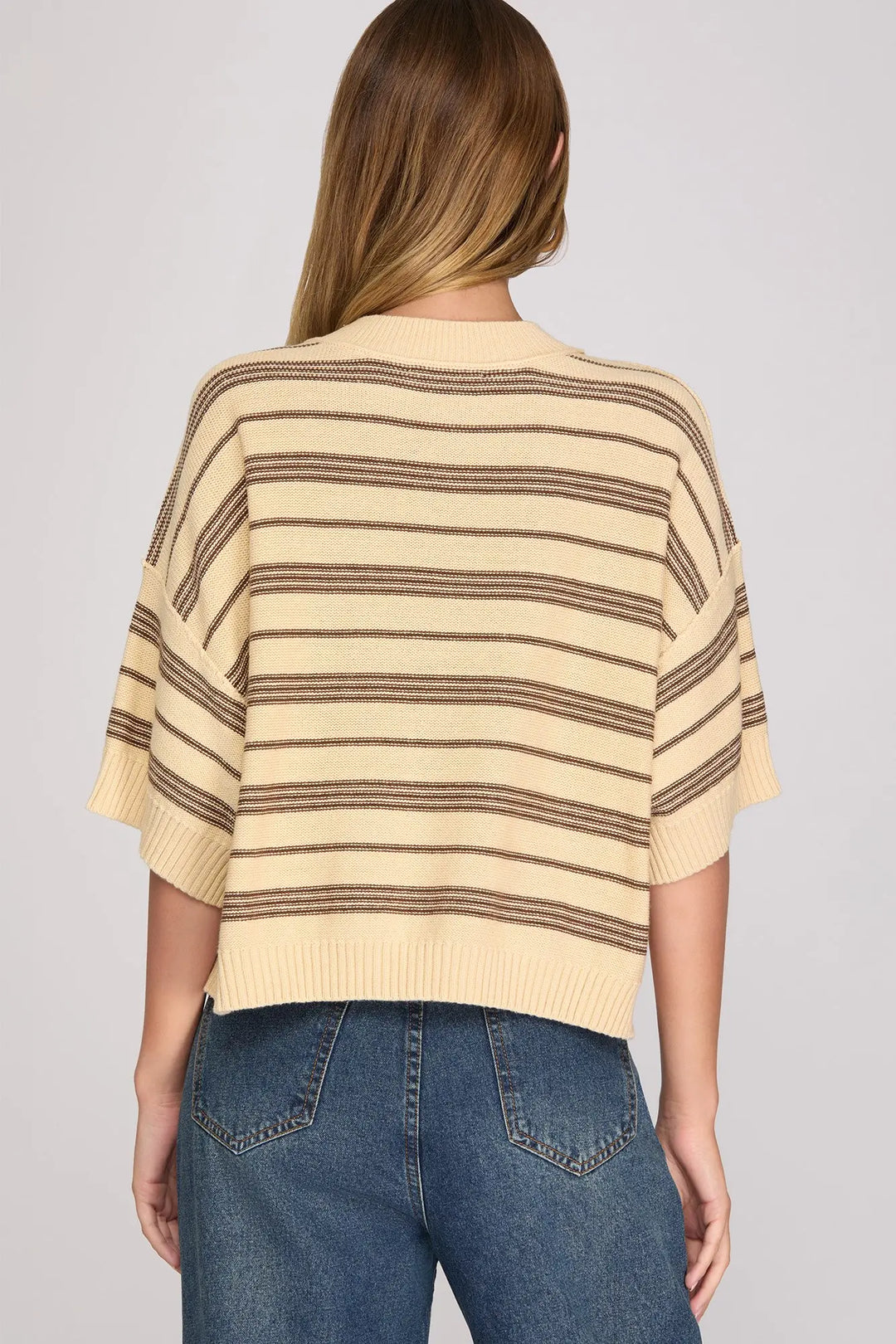 Light Taupe Knit Striped Drop Sleeve Top