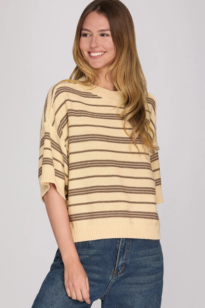 Light Taupe Knit Striped Drop Sleeve Top