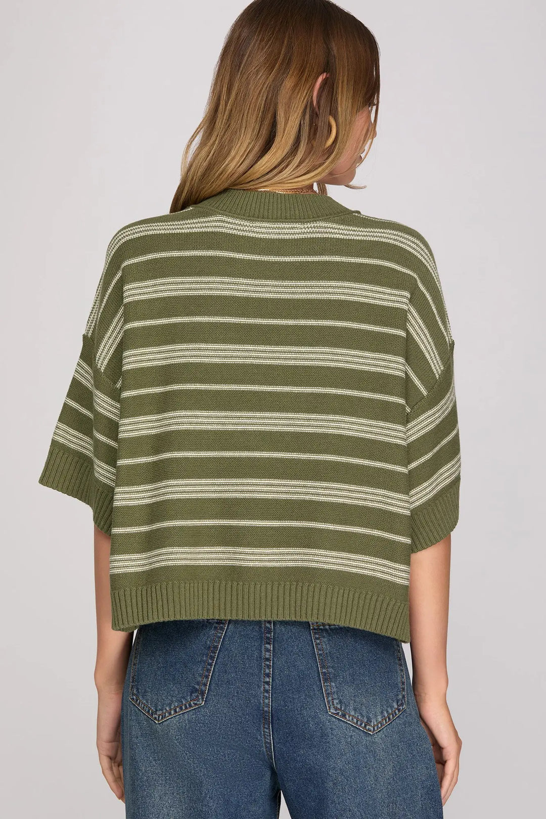 Olive Knit Striped Drop Sleeve Top