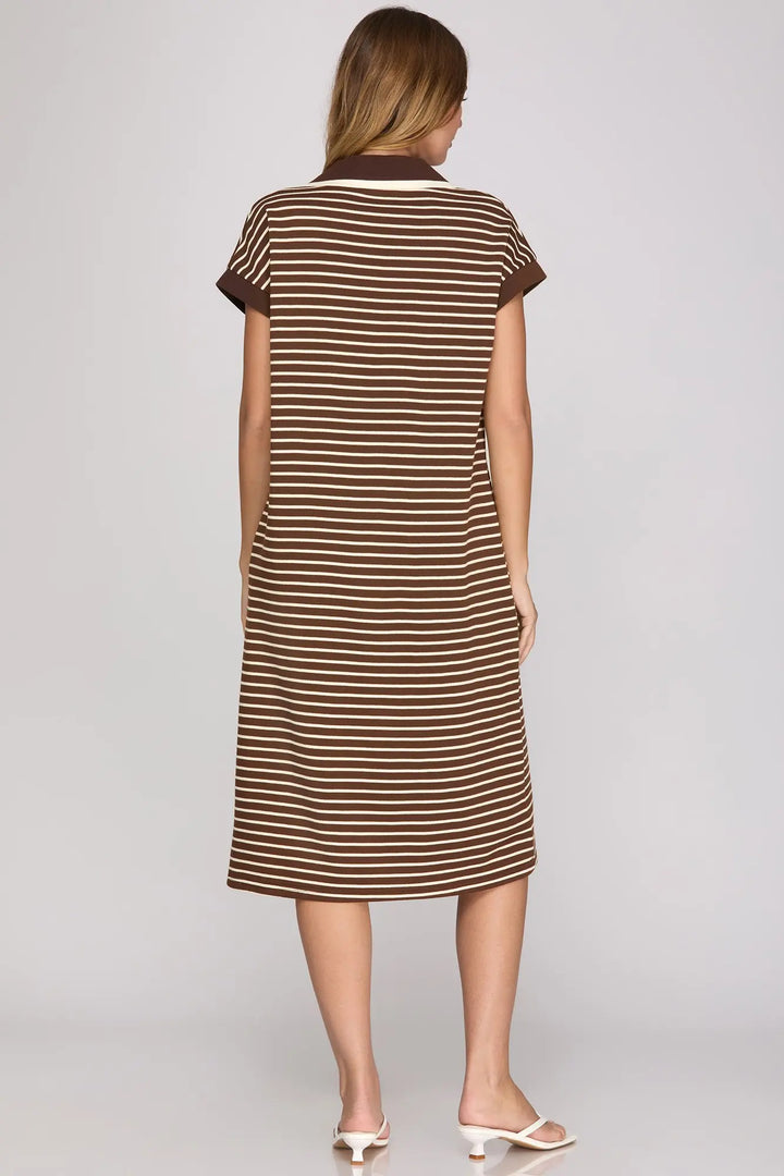 Short Sleeve Striped Collared Midi Dress