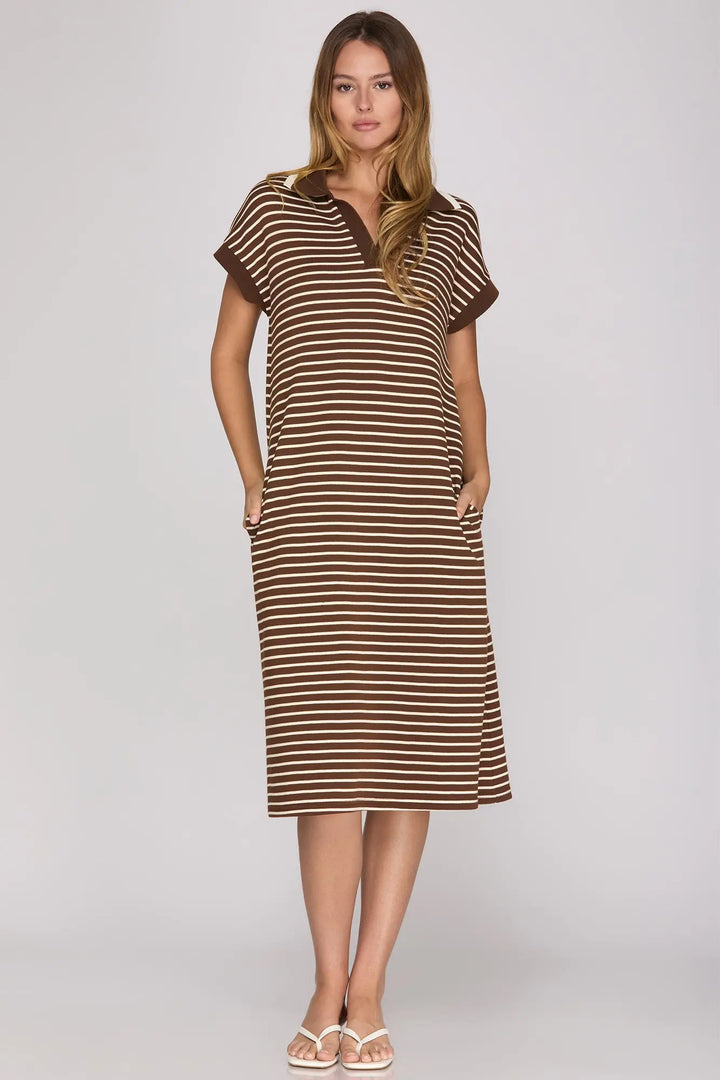 Short Sleeve Striped Collared Midi Dress