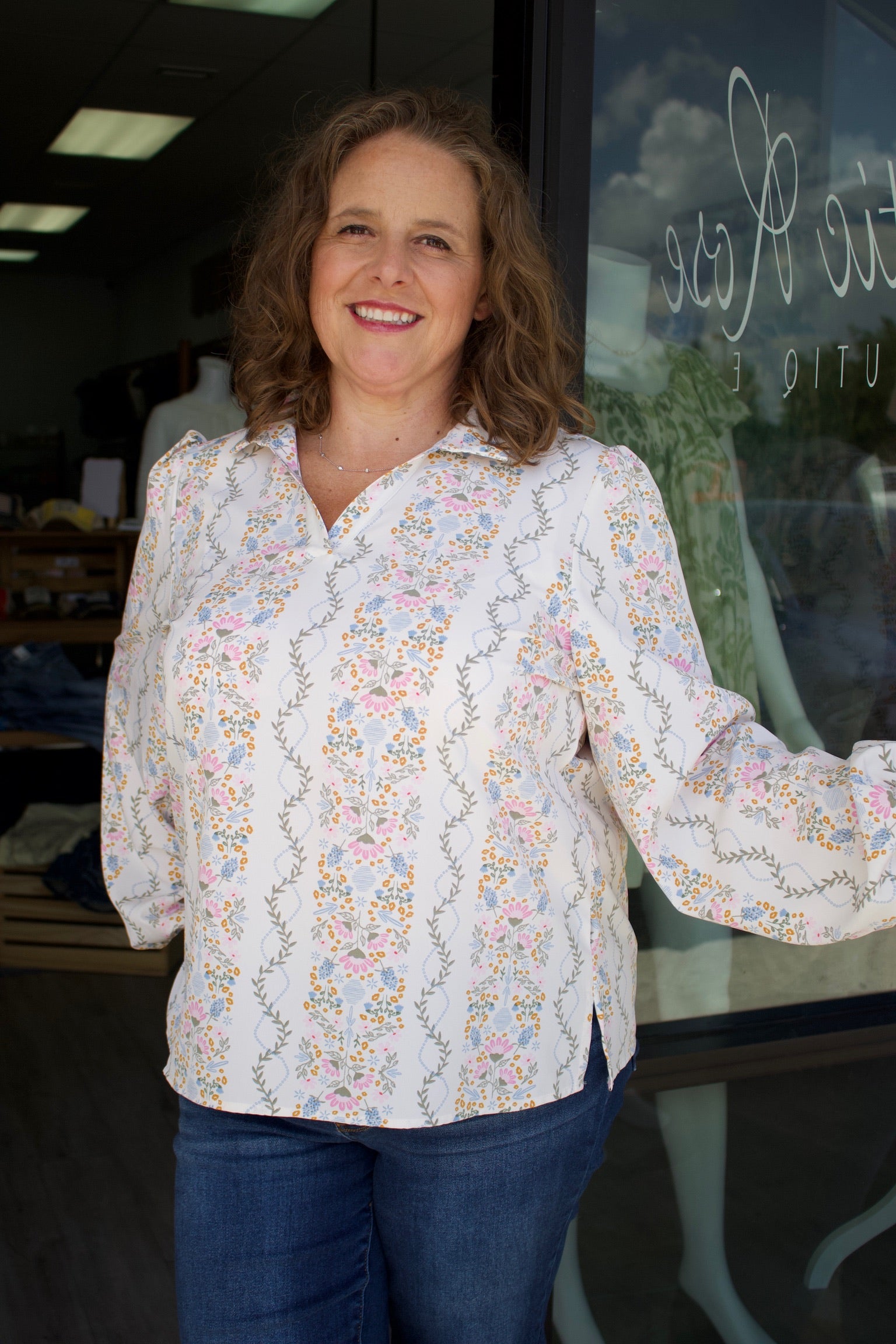 white longsleeve floral blouse 