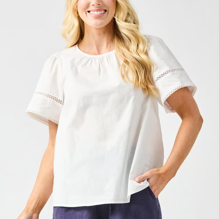 Woman wearing a white blouse with lace details on a plain background