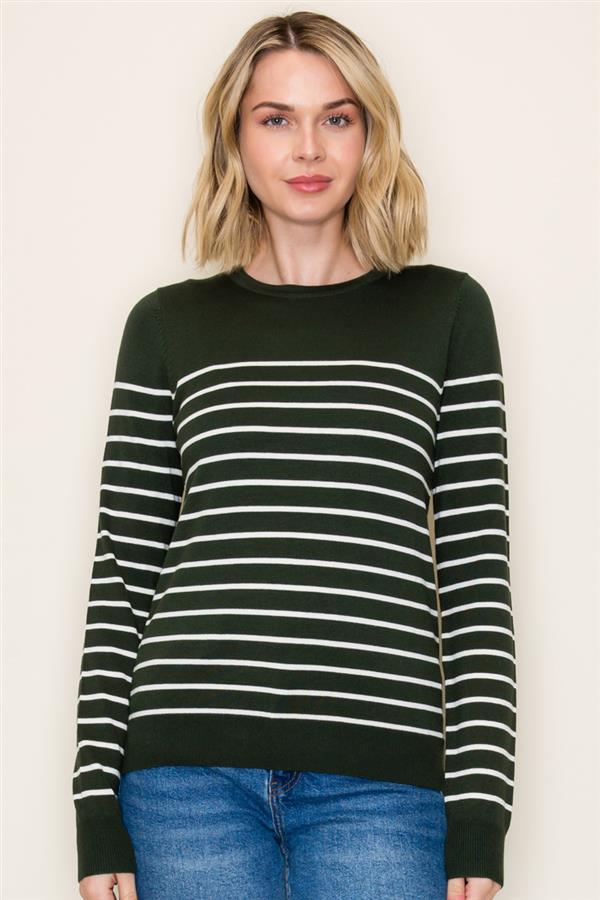green crew neck sweater with cream stripes