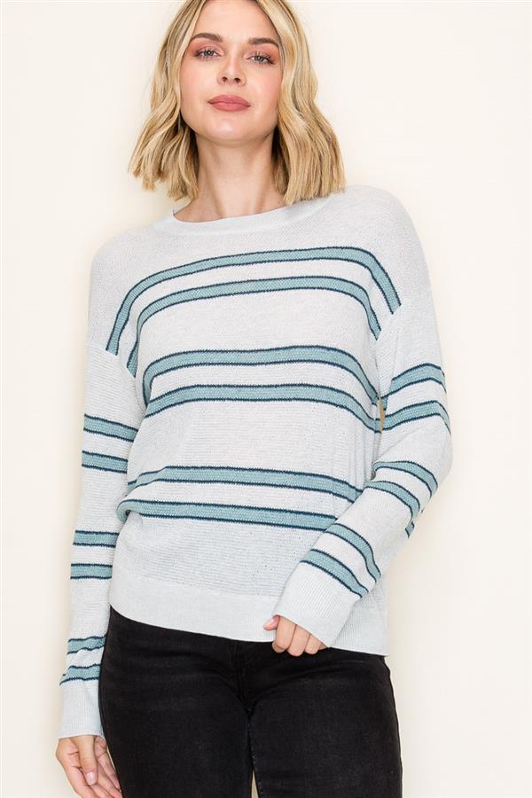 silver crew neck sweater with blue stripes