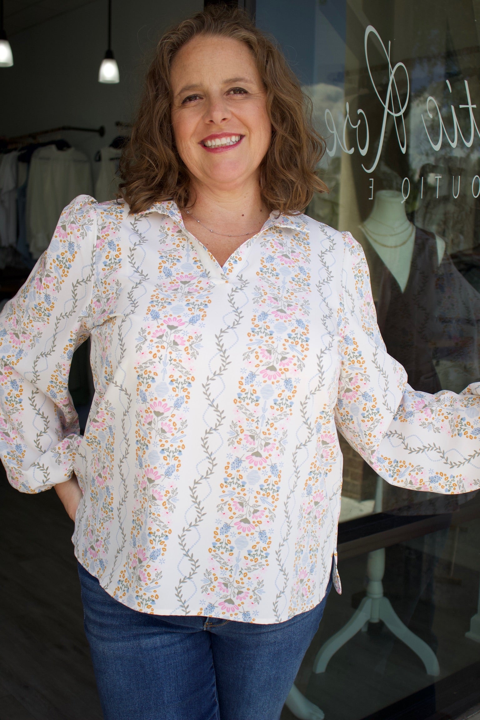 white longsleeve floral blouse 