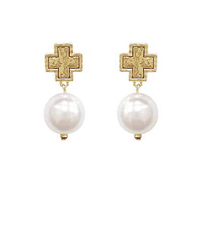 Hammered Cross & Pearl Drop Earrings