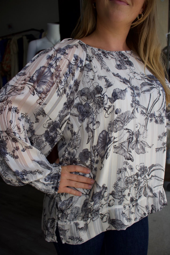 blue and white longsleeve floral blouse 
